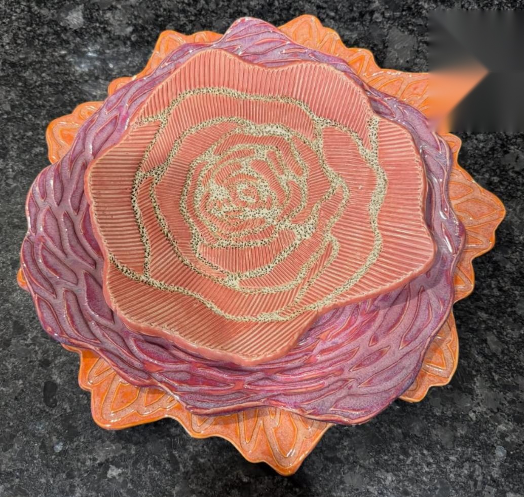 Handpainted Stone Fire Studio platter with carved sgraffito detail